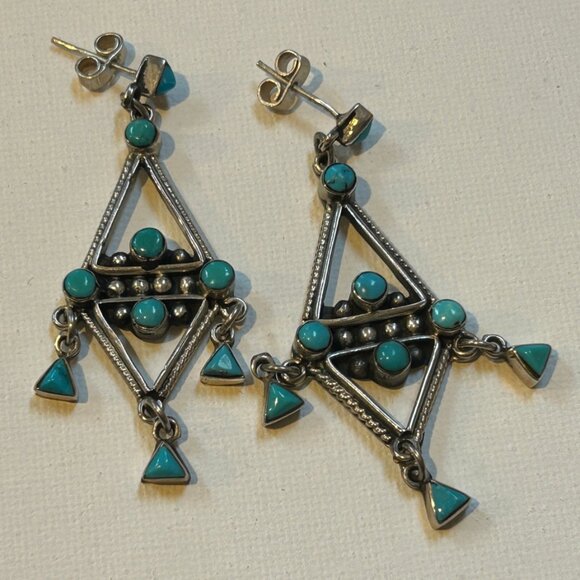 Taxco Jewelry - Vintage Mexico TAXCO Sterling Silver And Turquoise Dangle Earrings